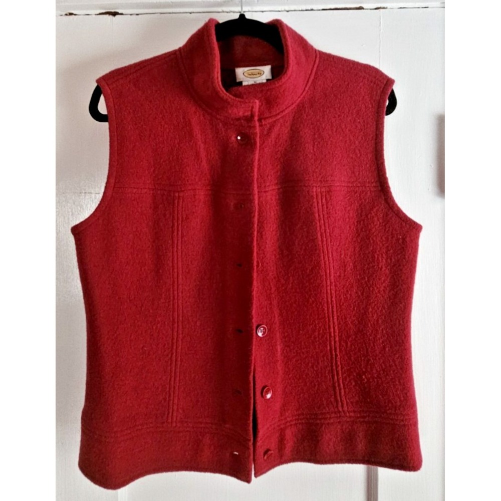 Vintage TALBOTS woman Sz M 100% wool buttoned vest red funnel neck‎